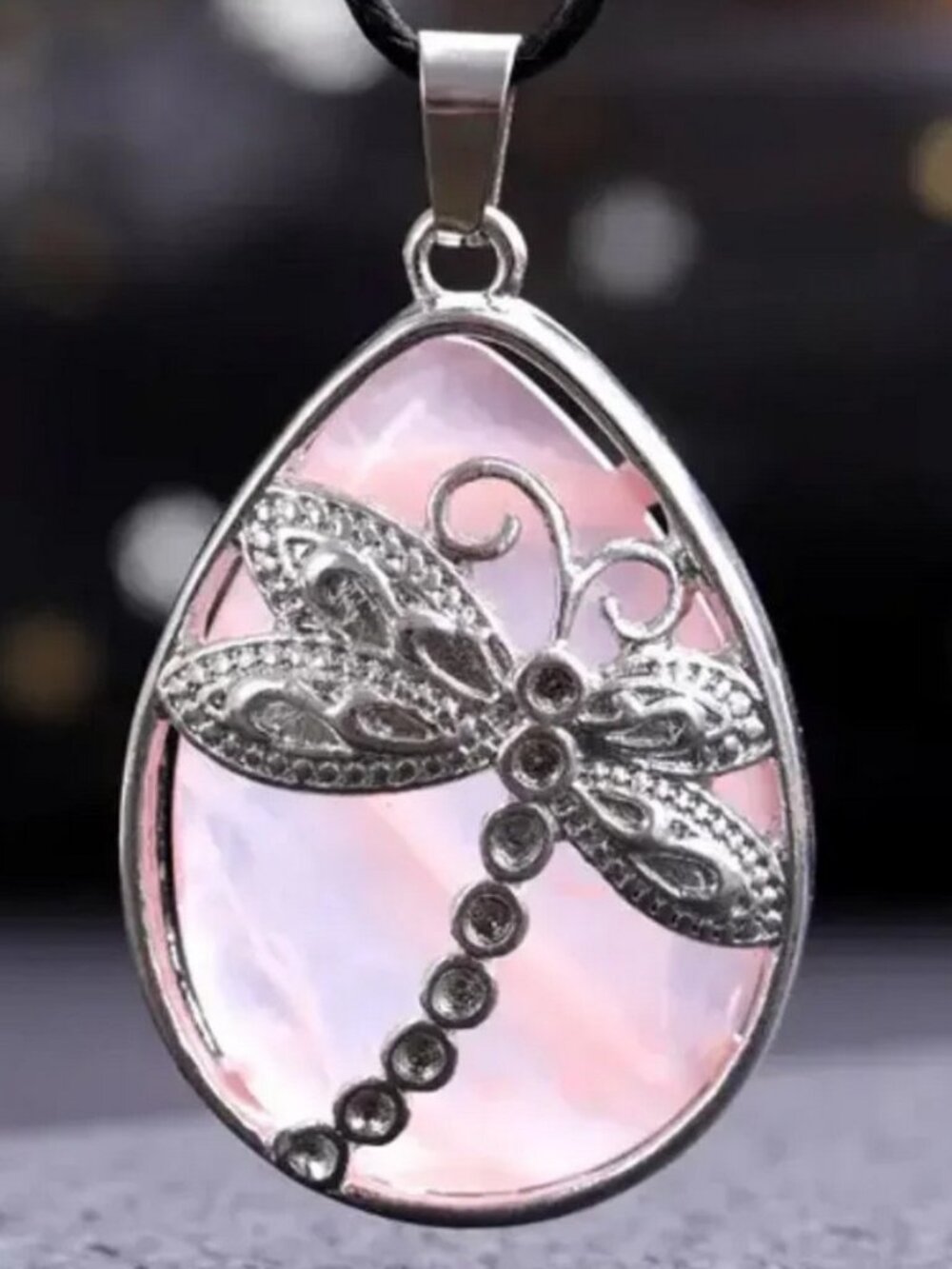 Rose Quartz Dragonfly Natural Stone Drop Pendant Necklace